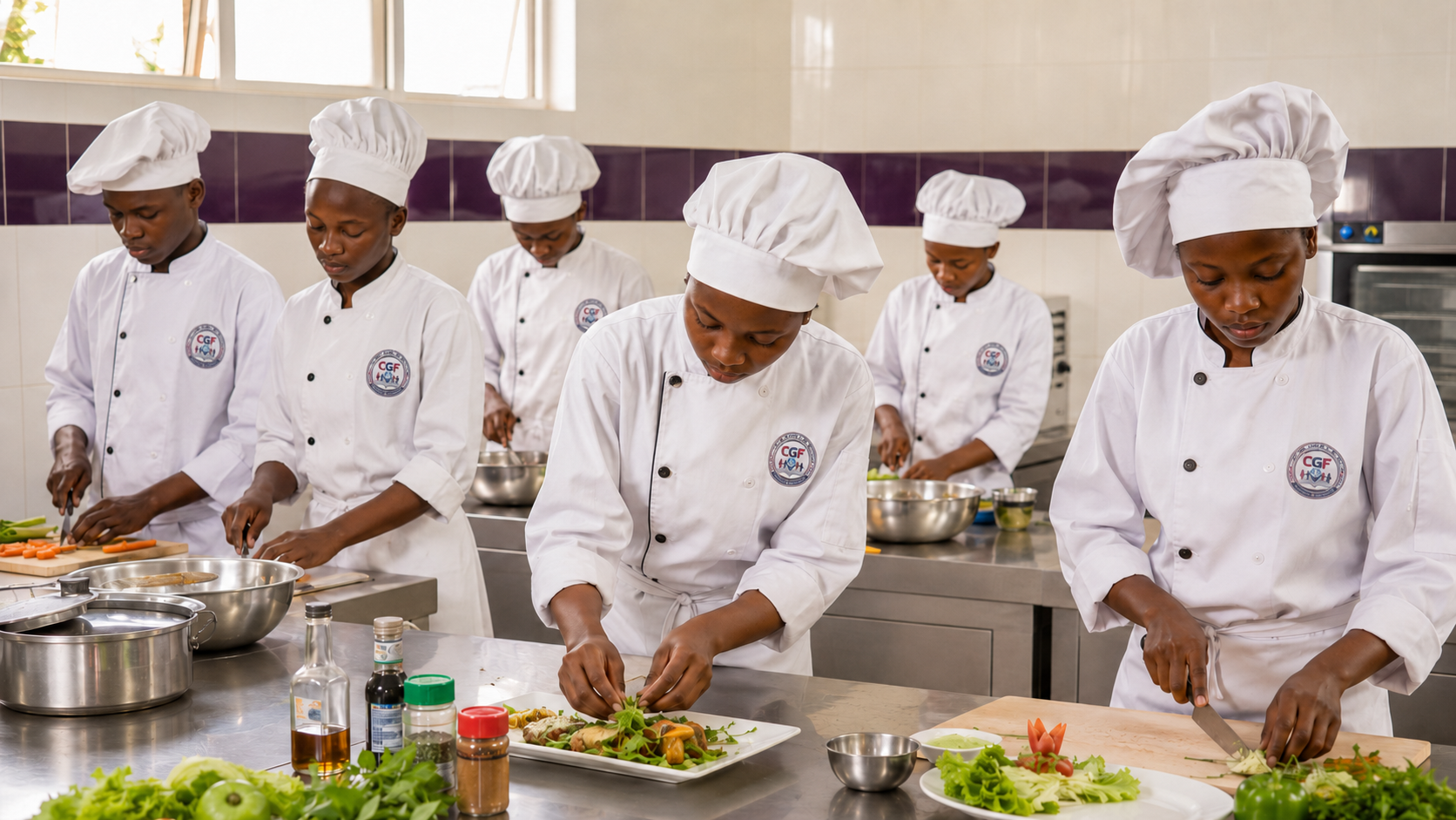 Apprenants en cuisine préparant des plats dans un atelier professionnel