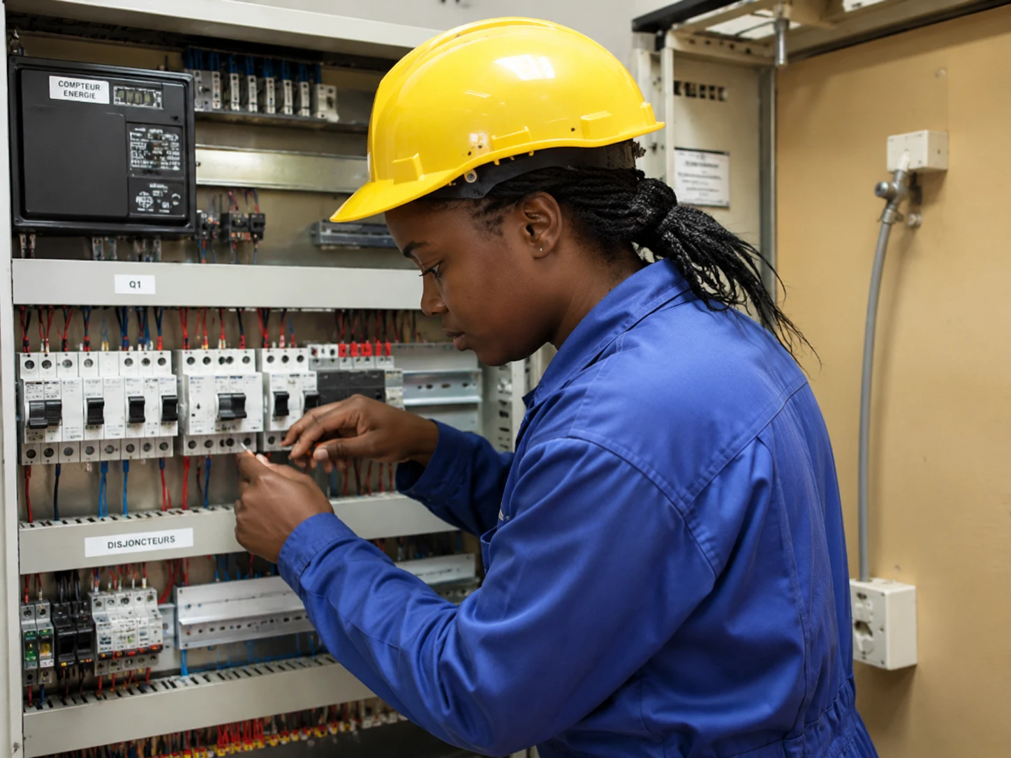 Apprenante en formation professionnelle d’électricité sur un tableau électrique
