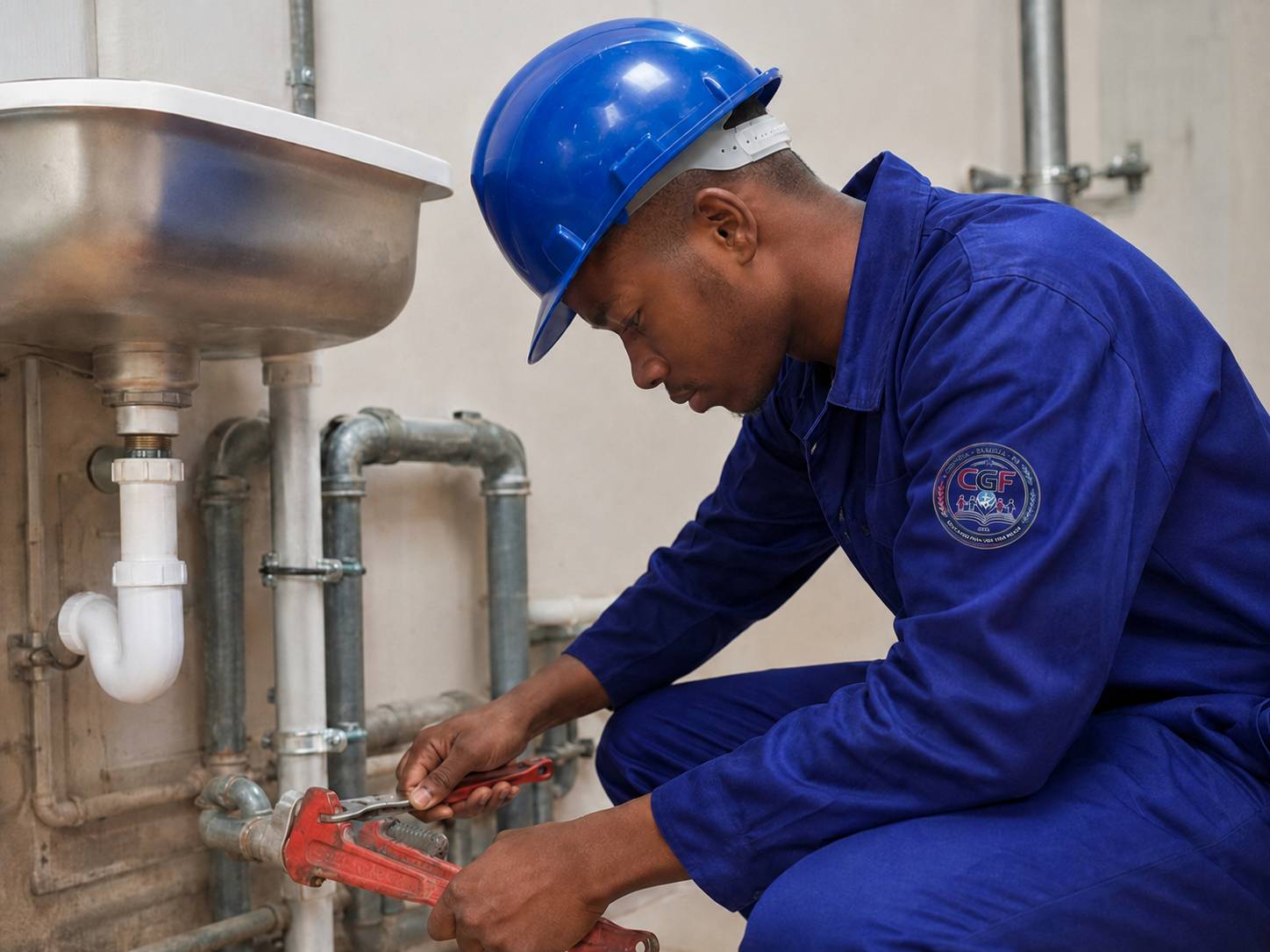 Apprenant en formation professionnelle de plomberie dans un atelier