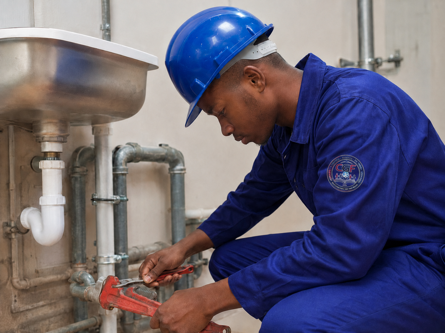 Apprenant en formation professionnelle de plomberie dans un atelier
